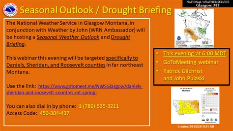 Glasgow, MT. Weather Forecast Office. NWR. Weather.gov > Glasgow, MT > NWR . Current Hazards. Current Outlooks; Submit Report; Daily Briefing; ... National Weather Service Glasgow, MT 92 Airport Road Glasgow, MT 59230 (406)228-4042 Comments? Questions? Please Contact Us. Disclaimer Information Quality …